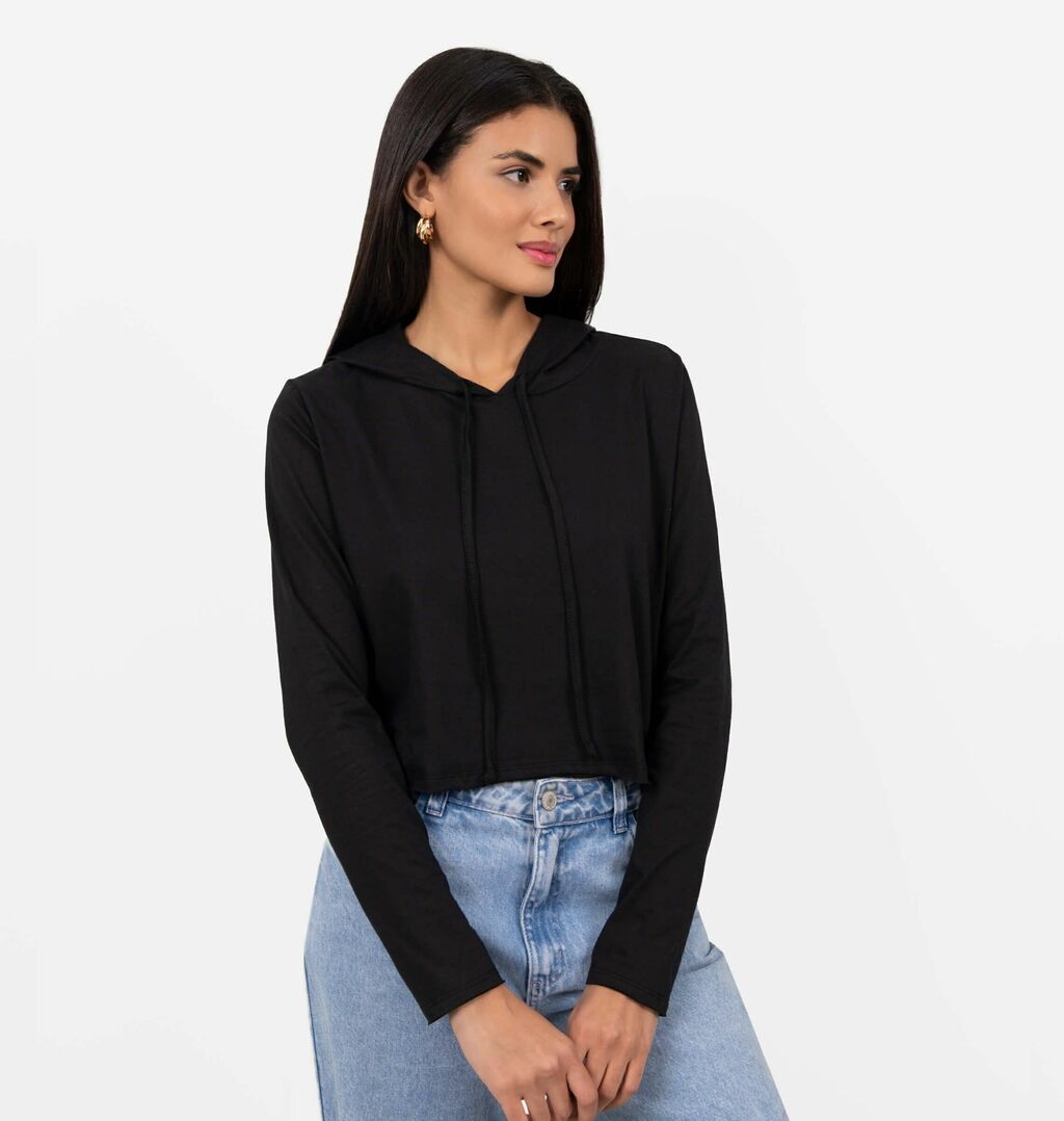 Blusa Cropped Meia Malha Com Capuz