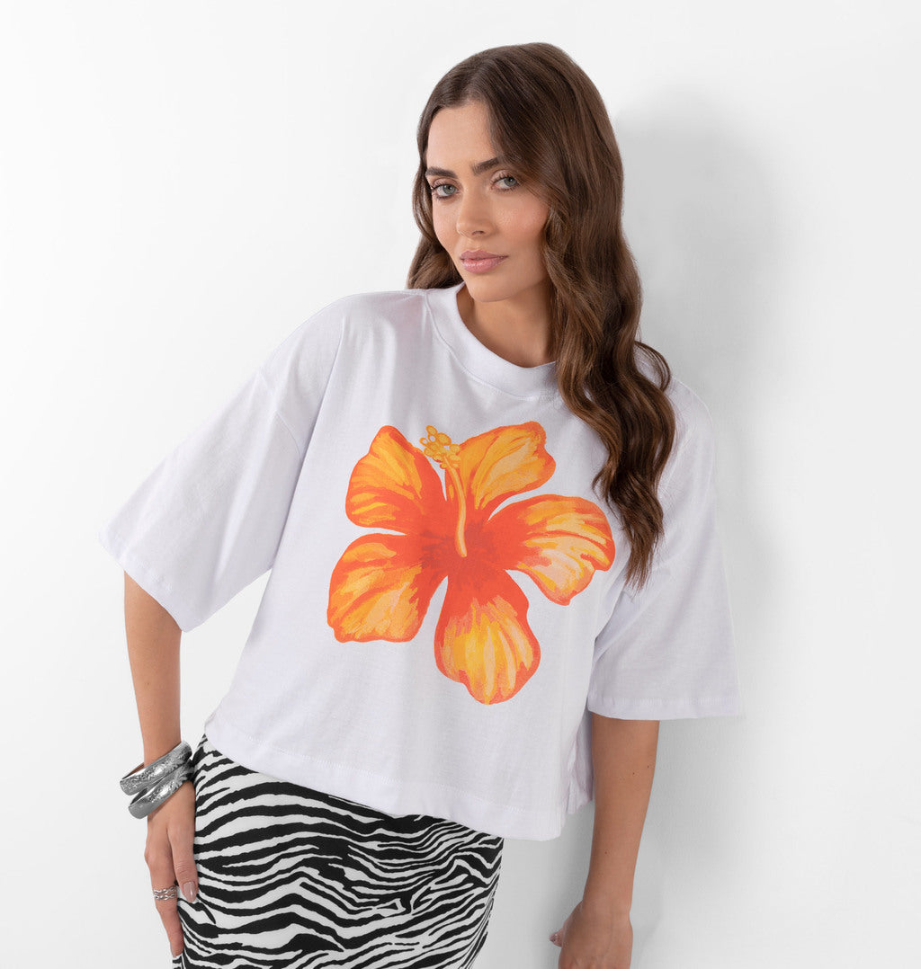 T-shirt Cropped Estampa Flor Tropicália