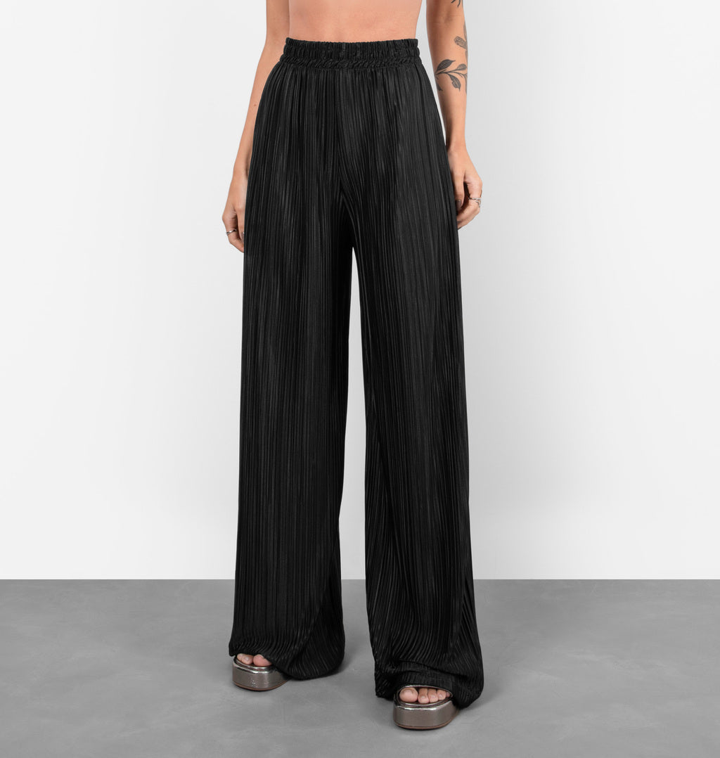Calça Pantalona Em Malha Plissada