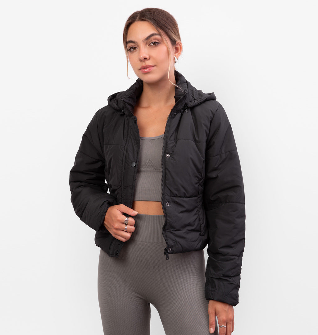 Jaqueta Puffer com Botões e Capuz