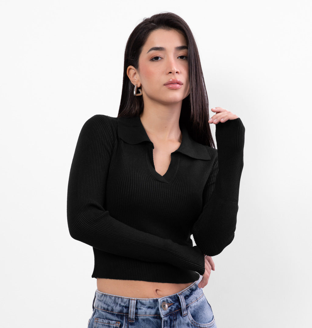 Cropped Manga Longa com Gola Polo