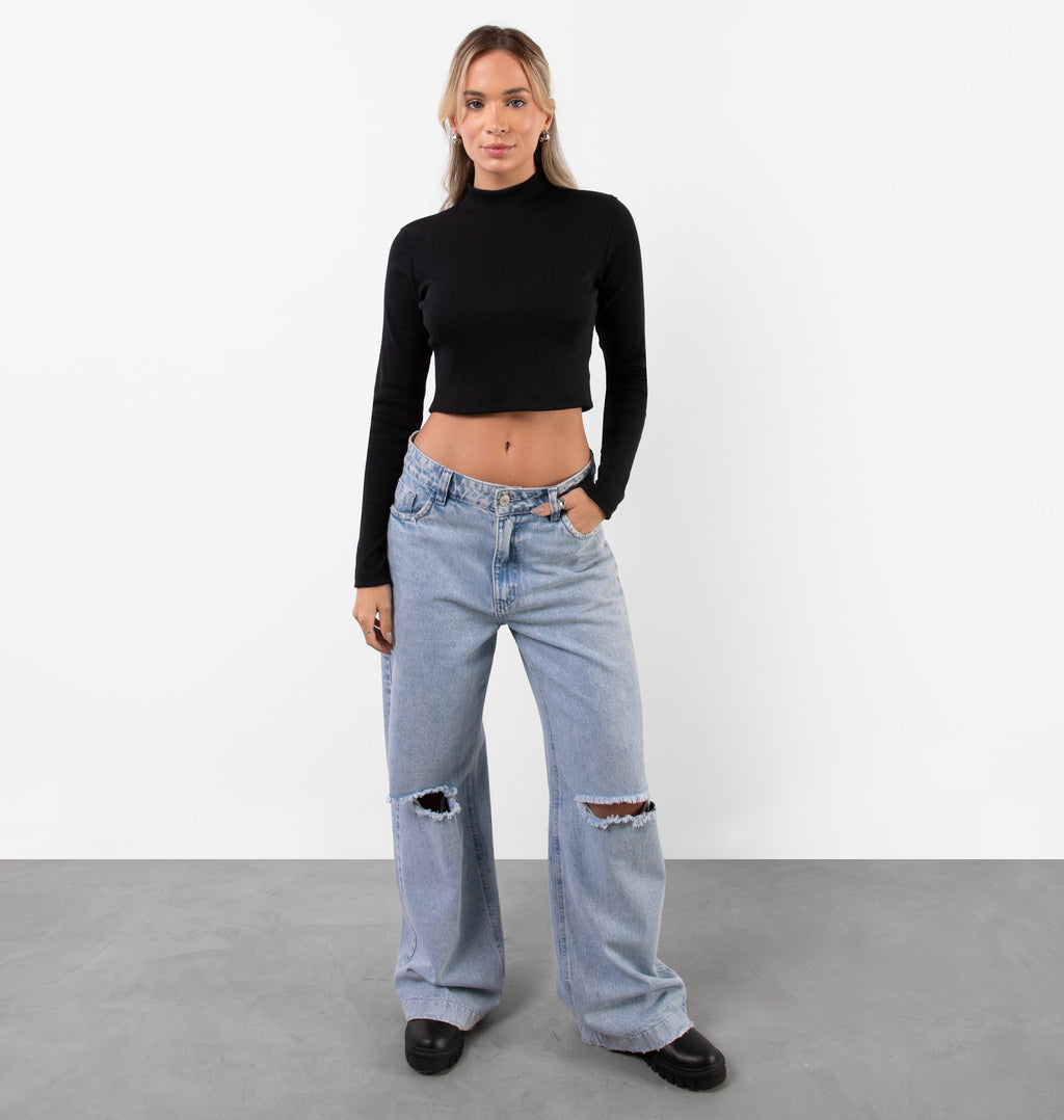 Blusa Cropped Manga Longa Mesclado
