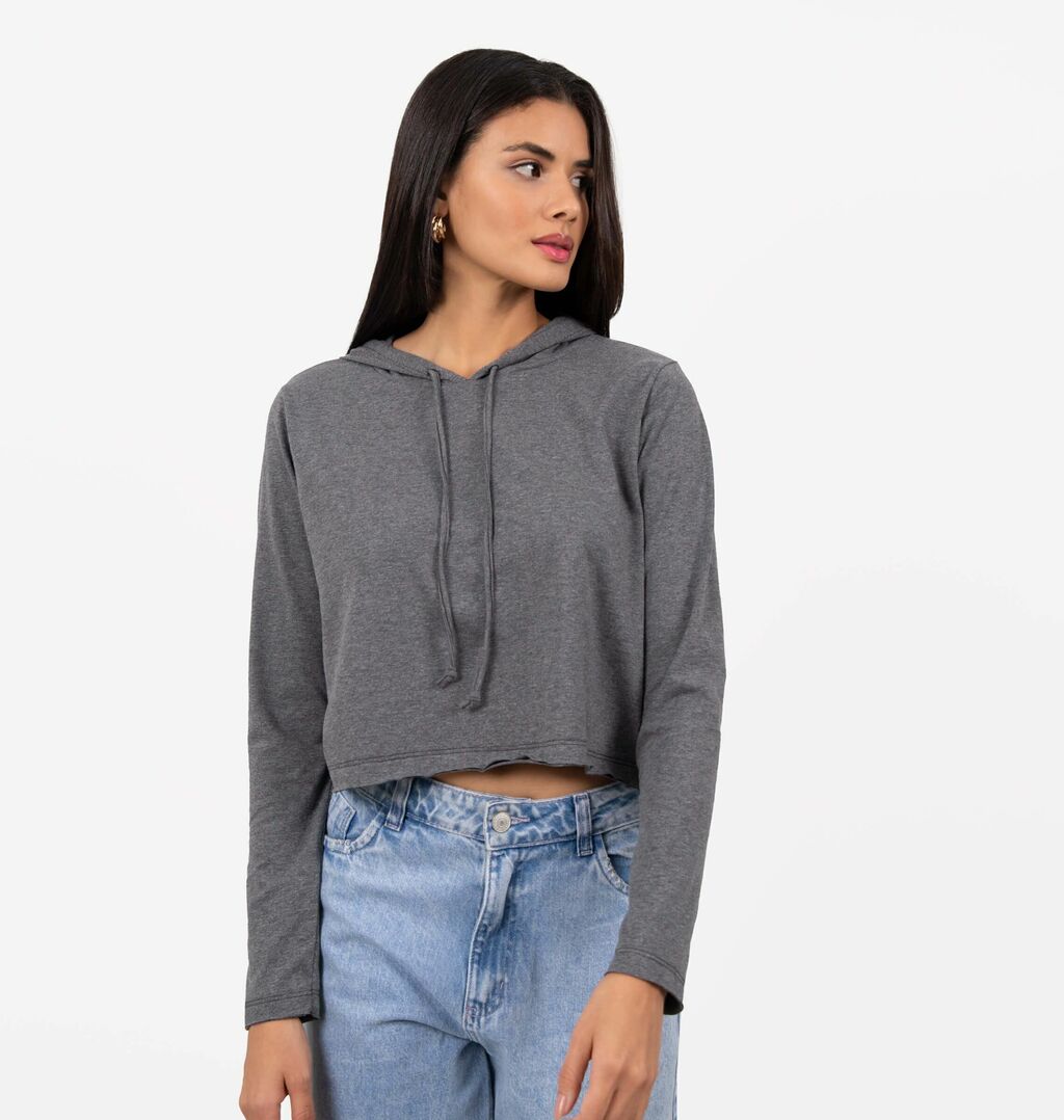 Blusa Cropped Meia Malha Com Capuz