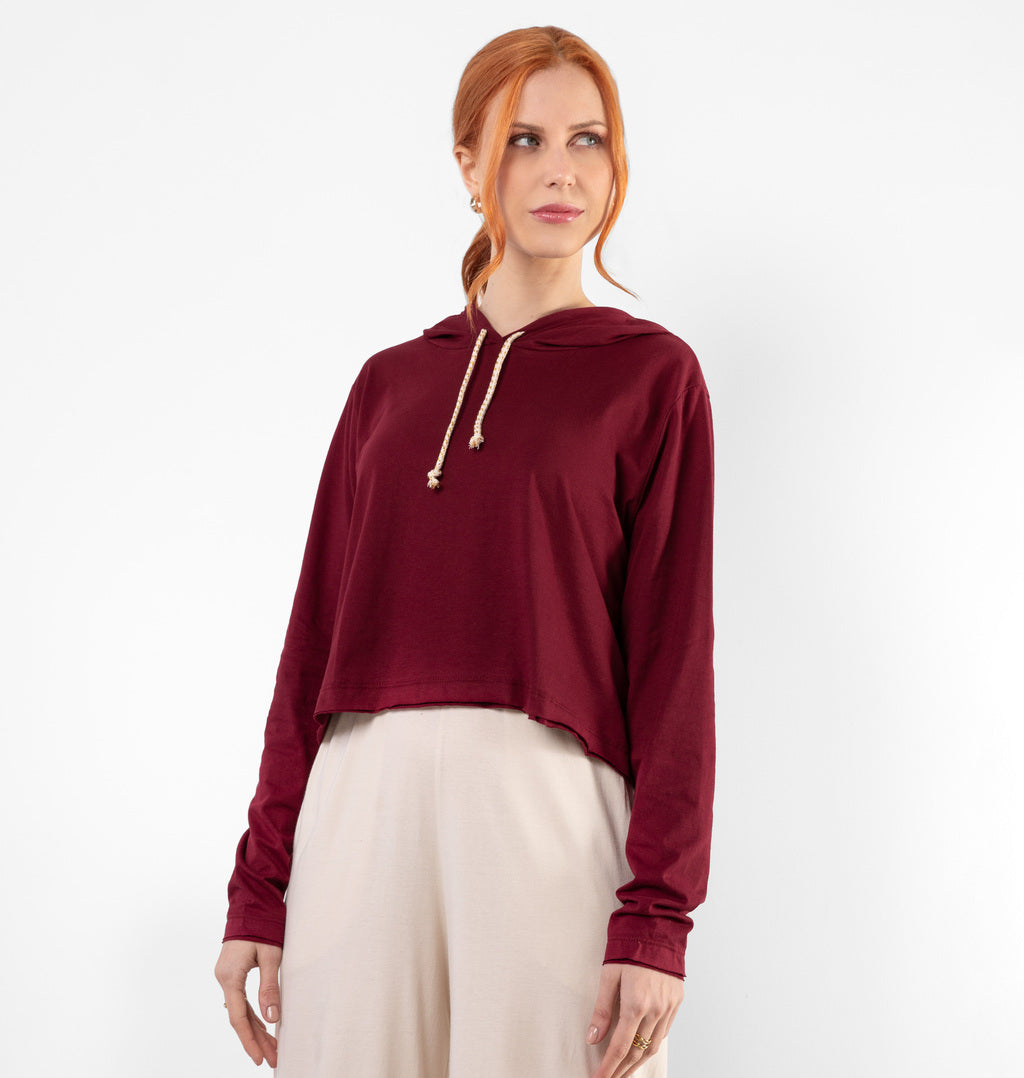 Blusa Cropped Meia Malha Com Capuz