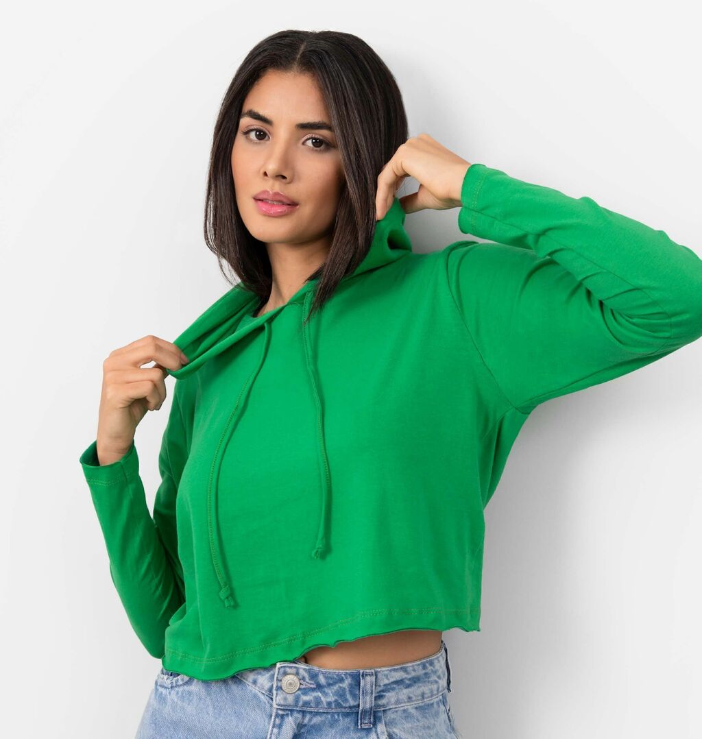 Blusa Cropped Meia Malha Com Capuz