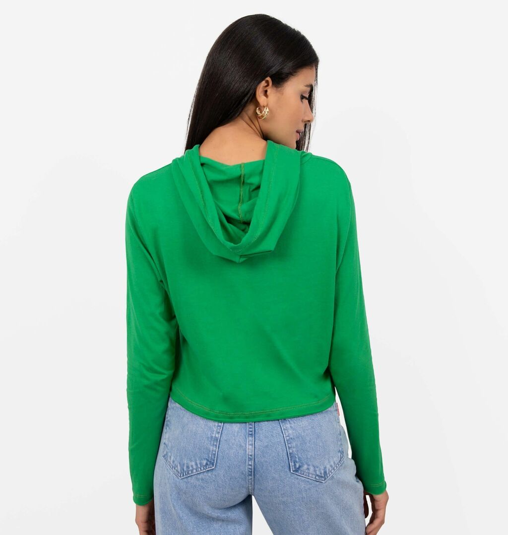 Blusa Cropped Meia Malha Com Capuz