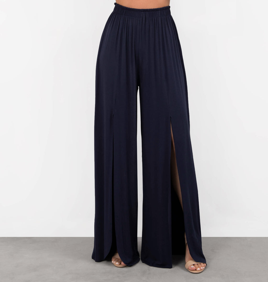 Calça Ampla Fenda Frontal A Fio