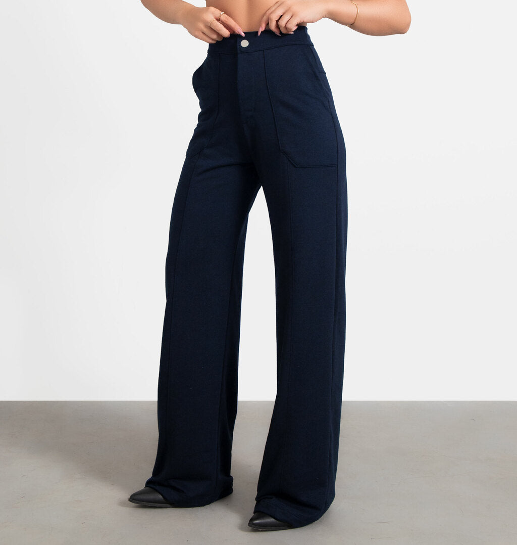 Calça Wide Leg Com Nervura