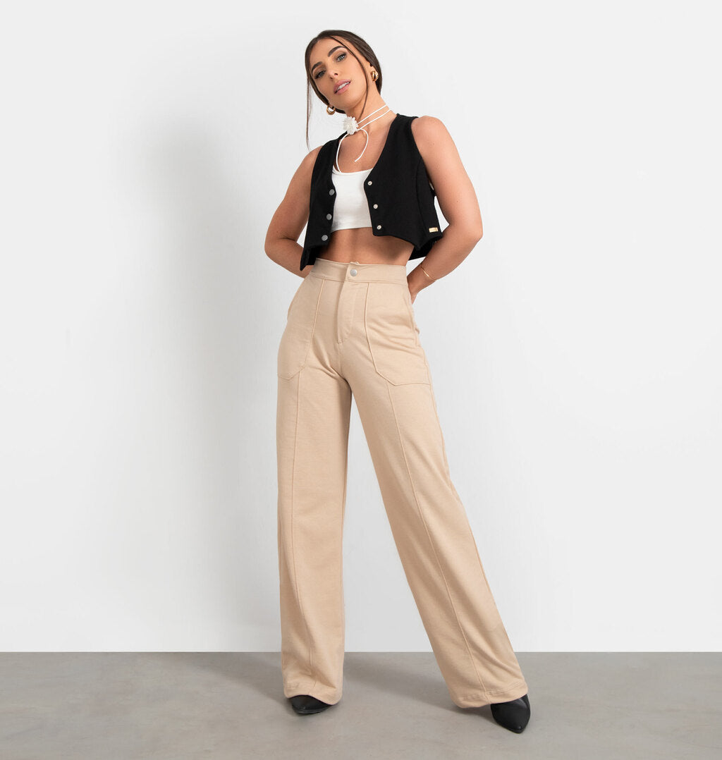 Calça Wide Leg Com Nervura