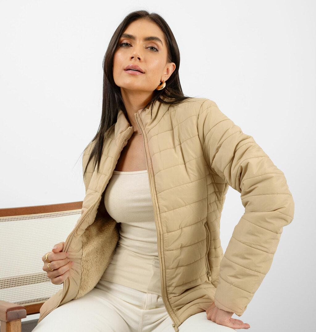 Jaqueta Peluciada Acolchoada Com Bolso