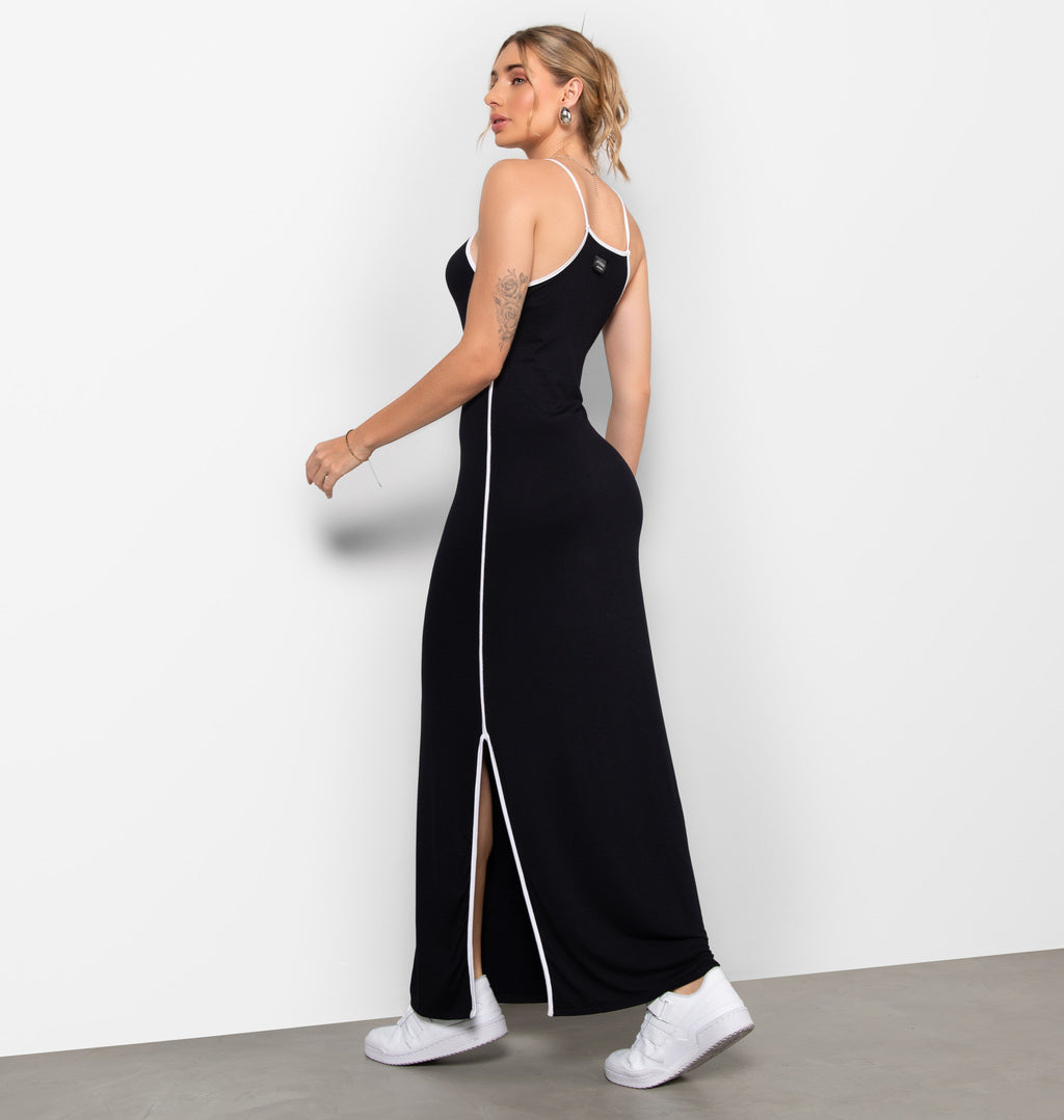 Vestido Longo Bicolor Com Fenda Lateral