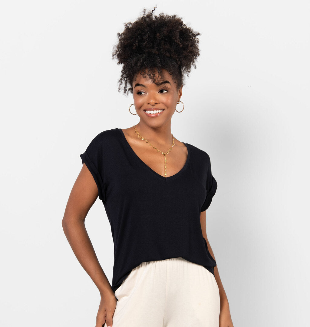 Blusa Básica Com Decote V E Manga Dobrada