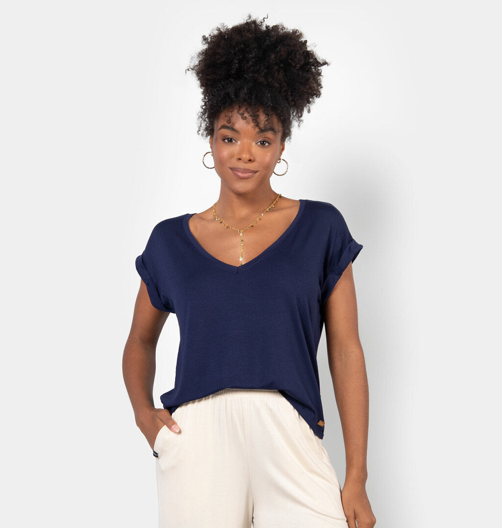 Blusa Básica Com Decote V E Manga Dobrada