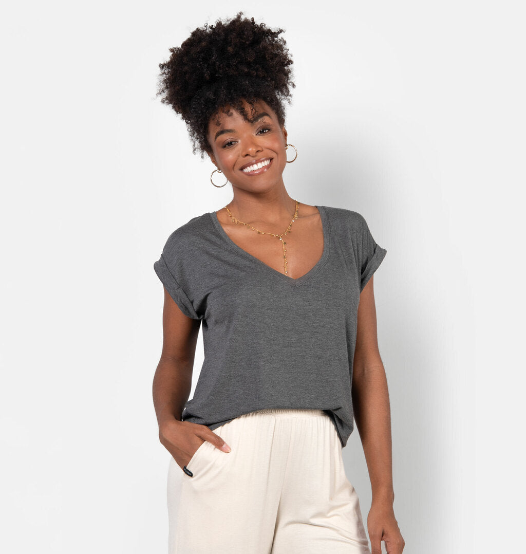 Blusa Básica Com Decote V E Manga Dobrada