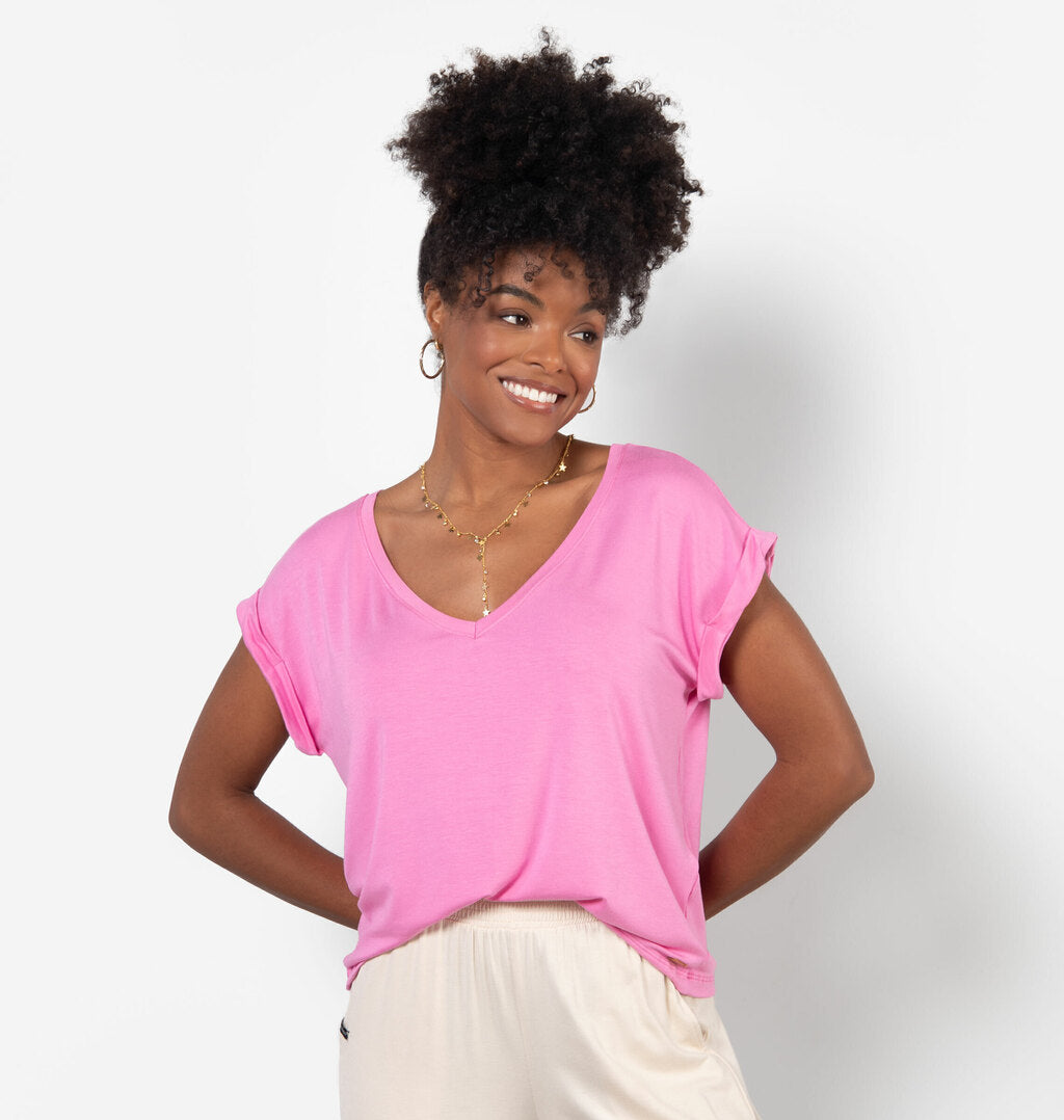 Blusa Básica Com Decote V E Manga Dobrada