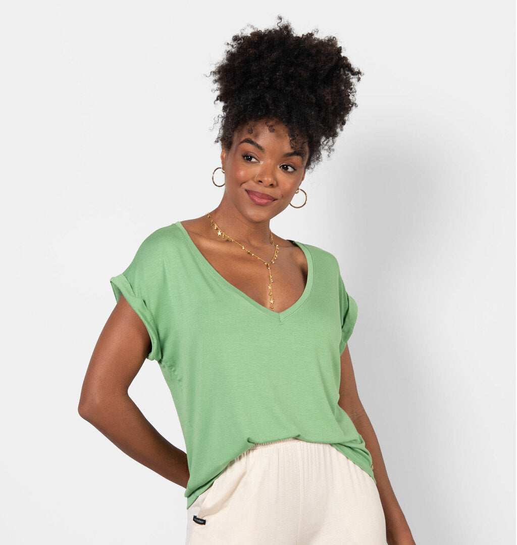 Blusa Básica Com Decote V E Manga Dobrada