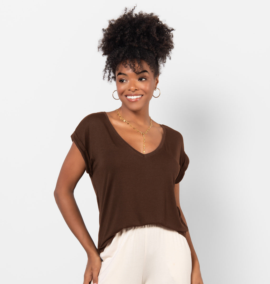 Blusa Básica Com Decote V E Manga Dobrada