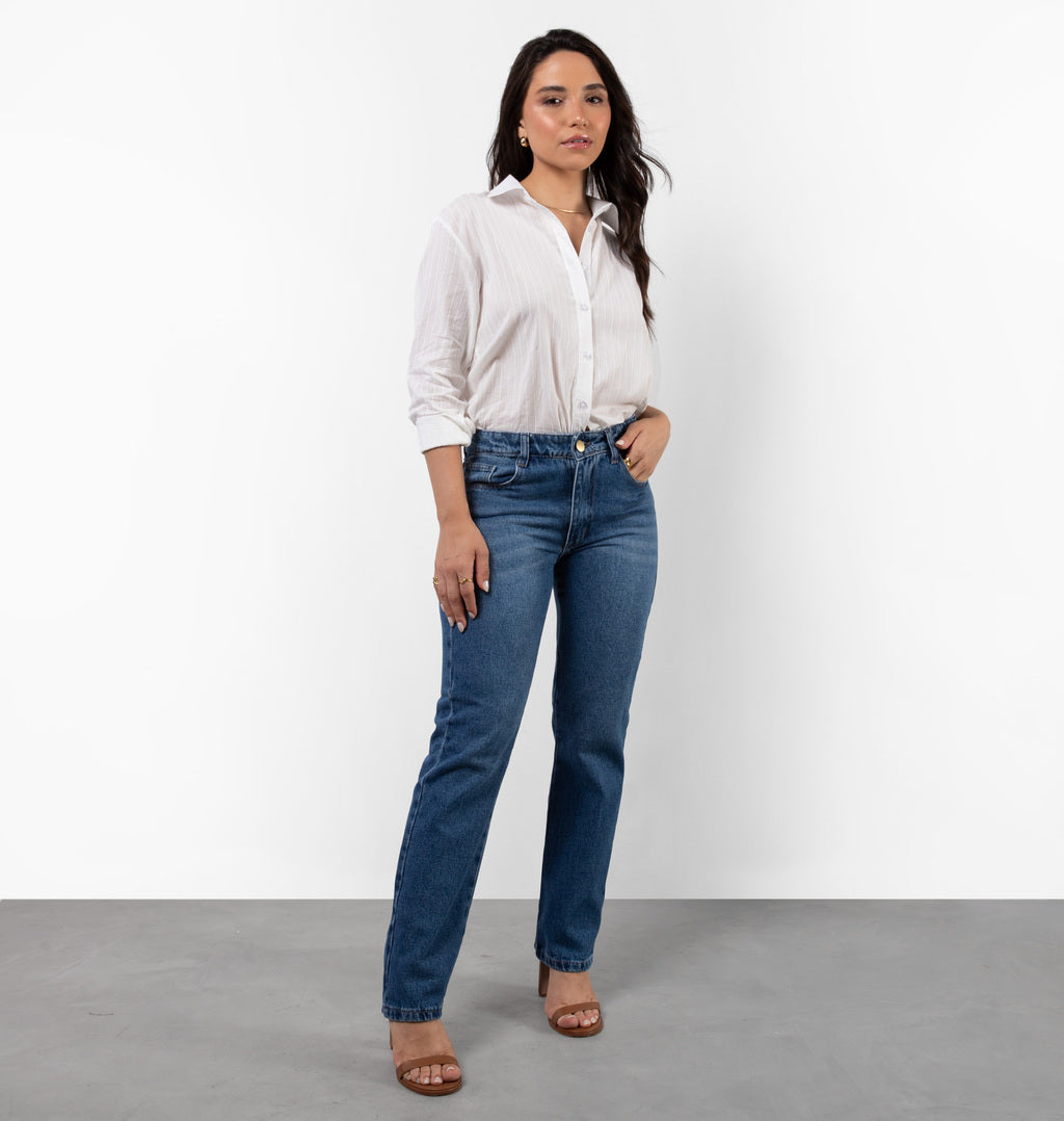 Calça Jeans Reta Com Bolsos