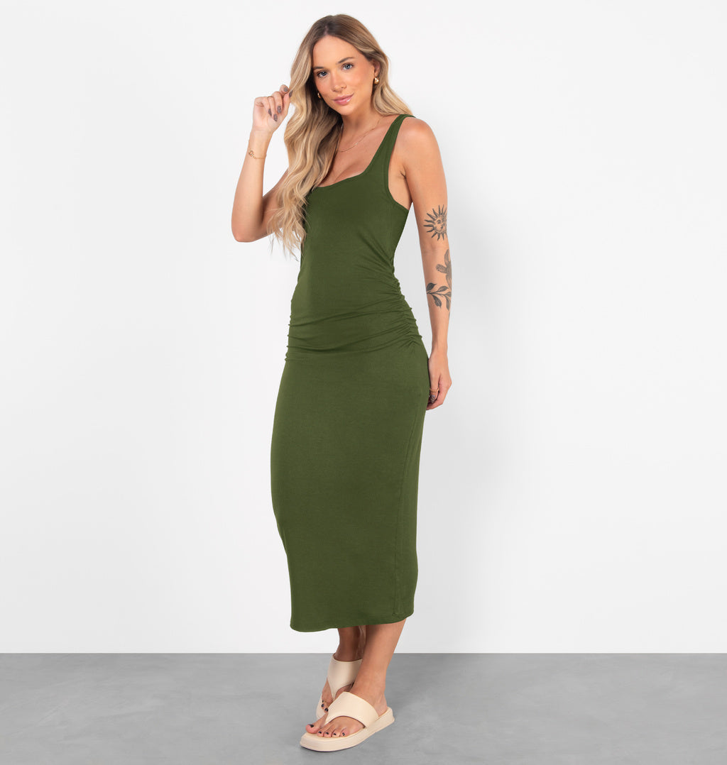 Vestido Midi Com Franzido Lateral