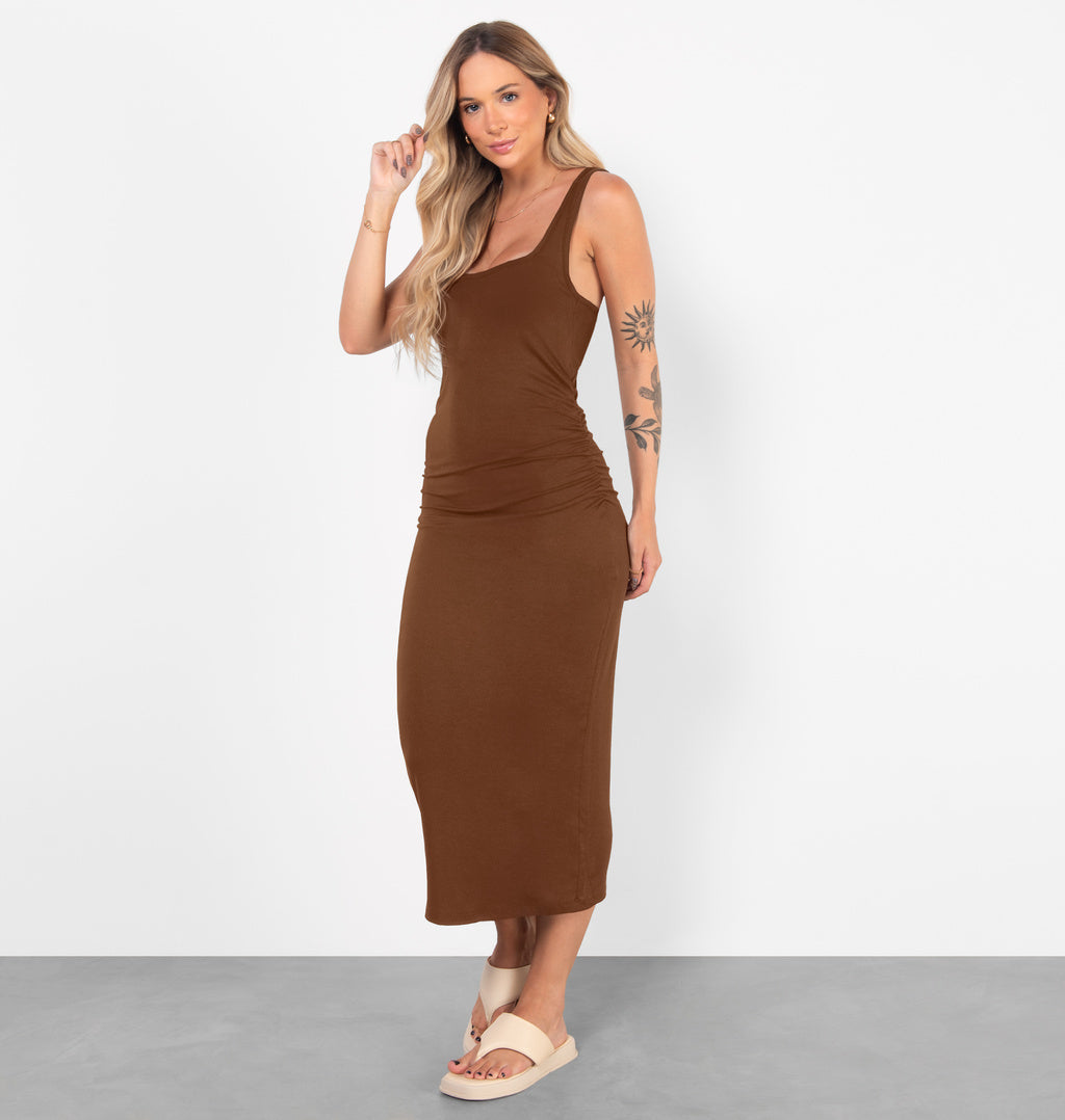 Vestido Midi Com Franzido Lateral