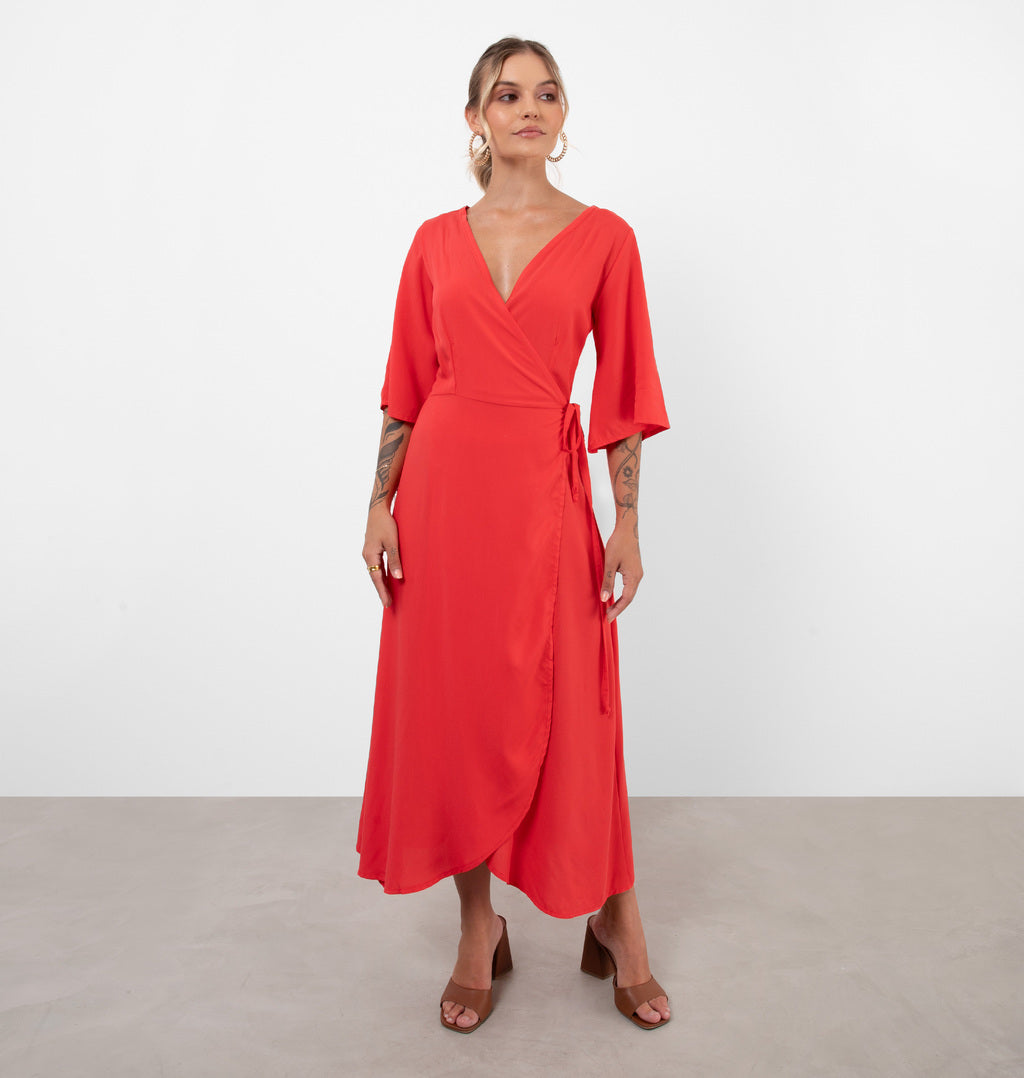 Vestido Midi Envelope Em Viscose