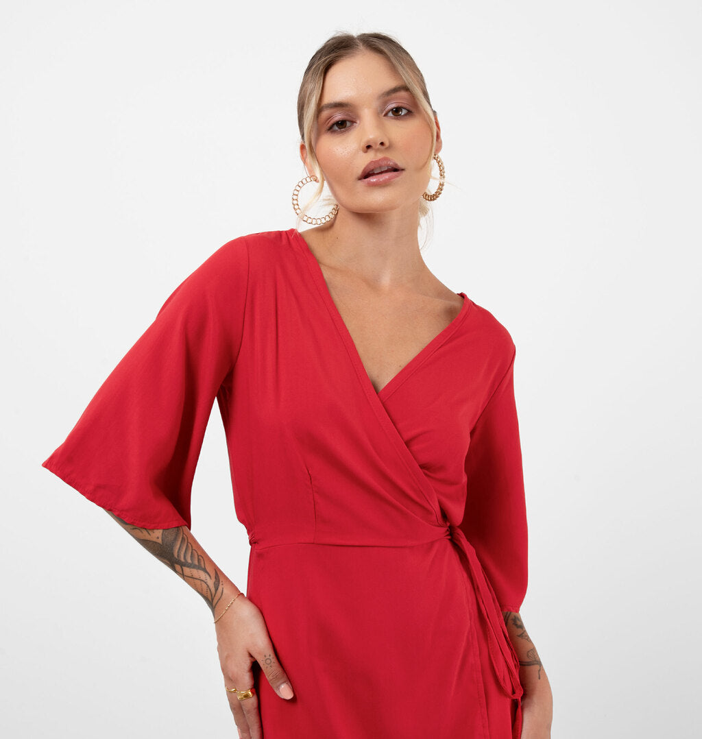 Vestido Midi Envelope Em Viscose