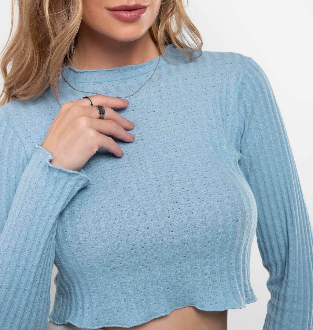 Blusa Canelada Manga Longa Com Acabamento Frufru