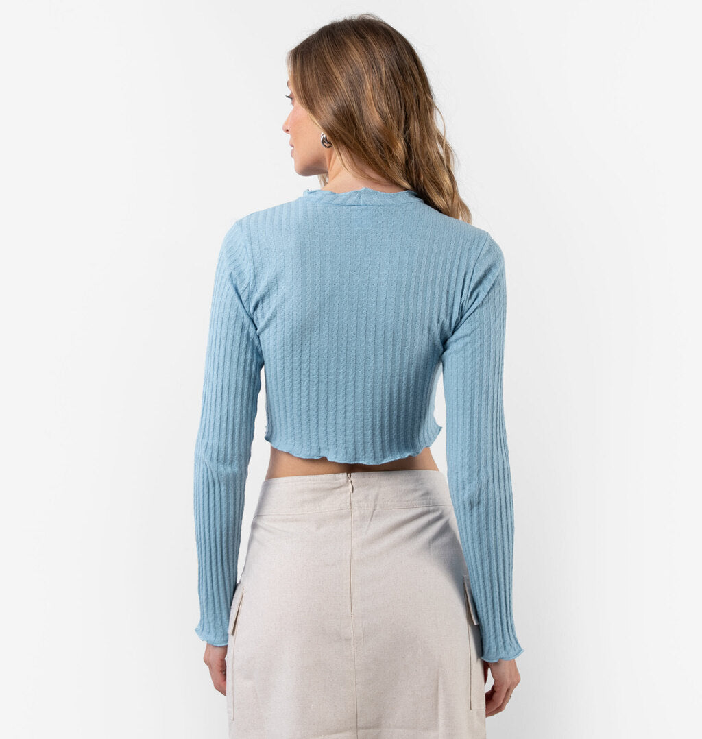 Blusa Canelada Manga Longa Com Acabamento Frufru