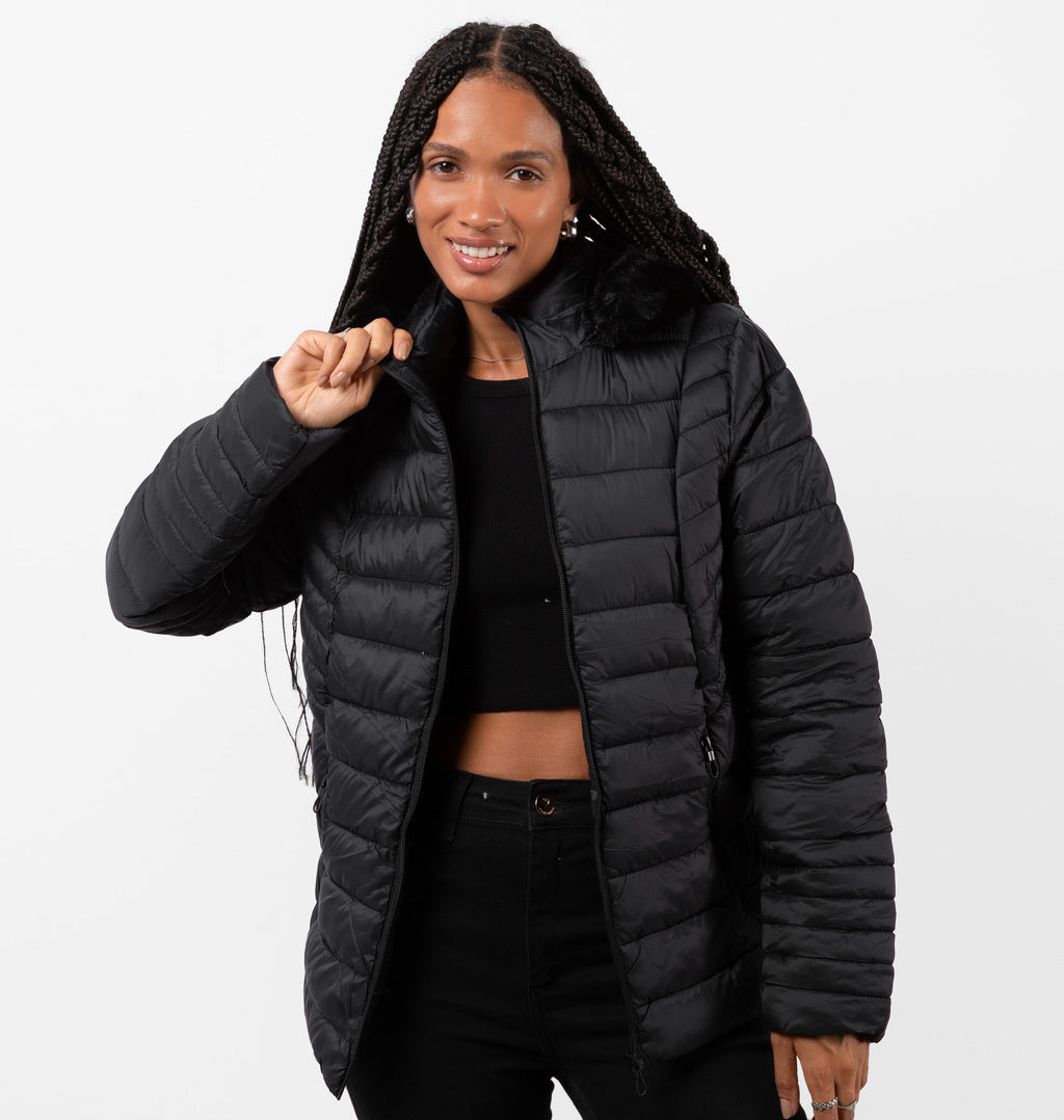 Jaqueta Puffer Peluciada Com Bolsos Frontais