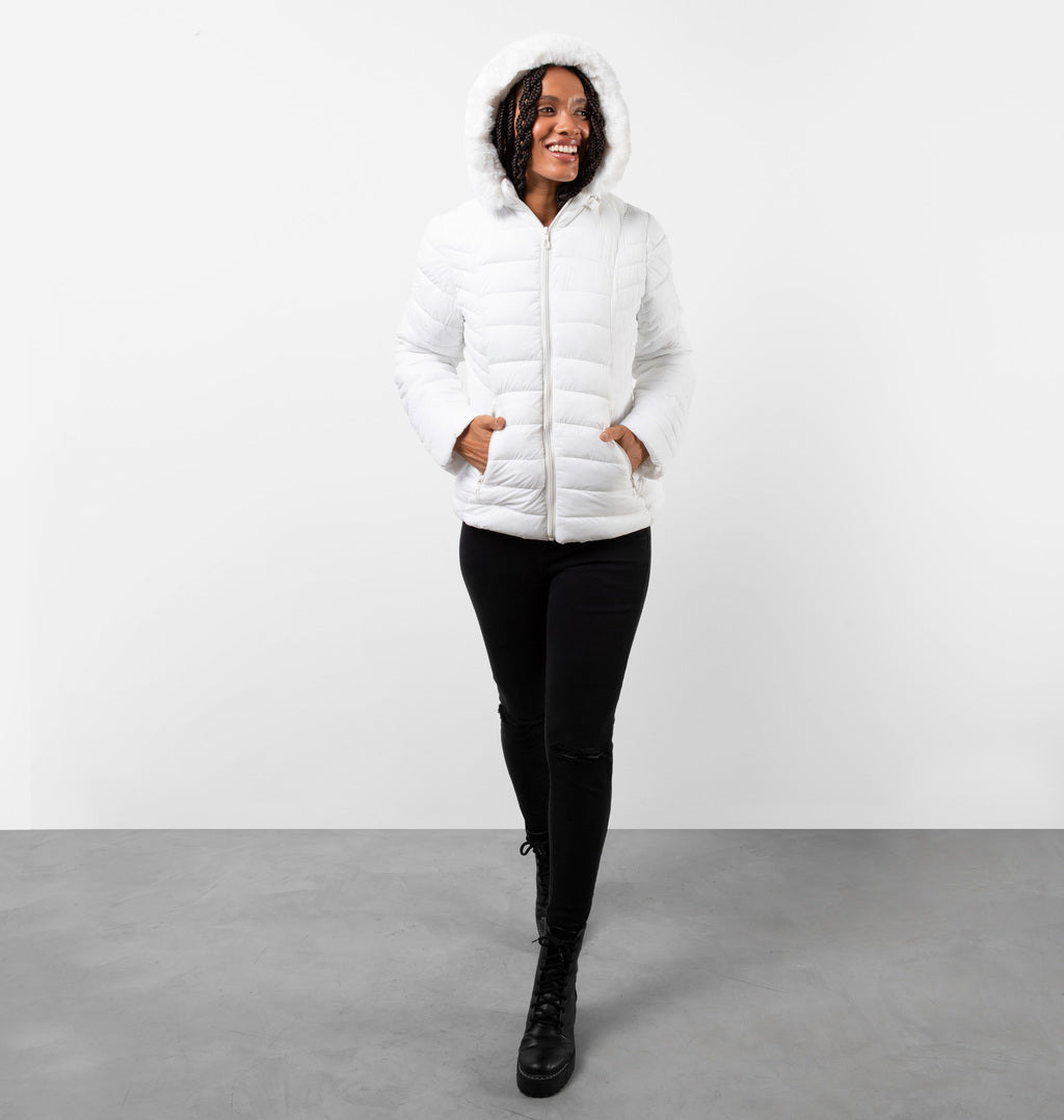 Jaqueta Puffer Peluciada Com Bolsos Frontais