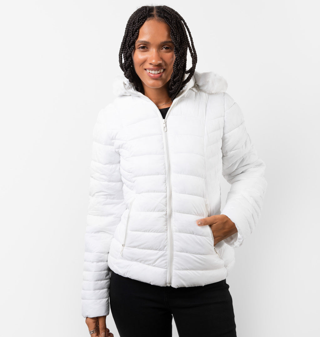 Jaqueta Puffer Peluciada Com Bolsos Frontais