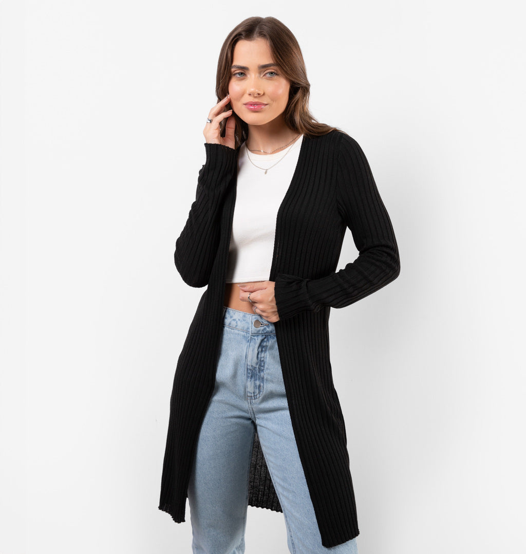 Cardigan Alongado Em Tricot Canelado