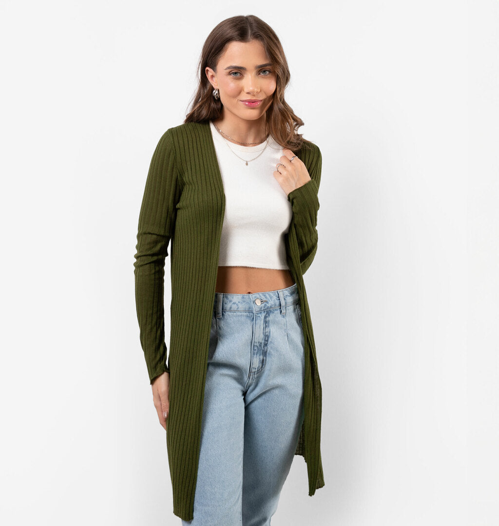 Cardigan Alongado Em Tricot Canelado