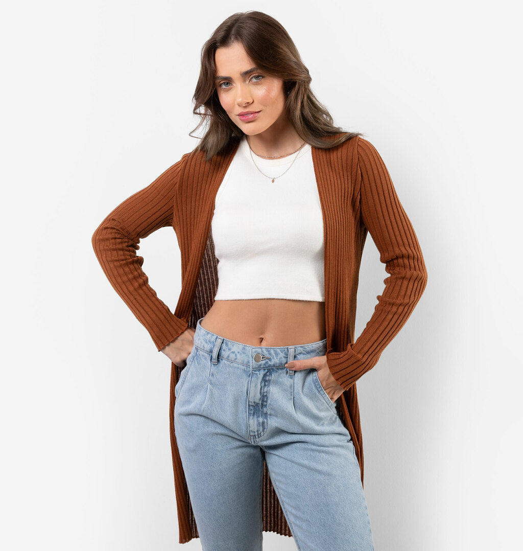 Cardigan Alongado Em Tricot Canelado