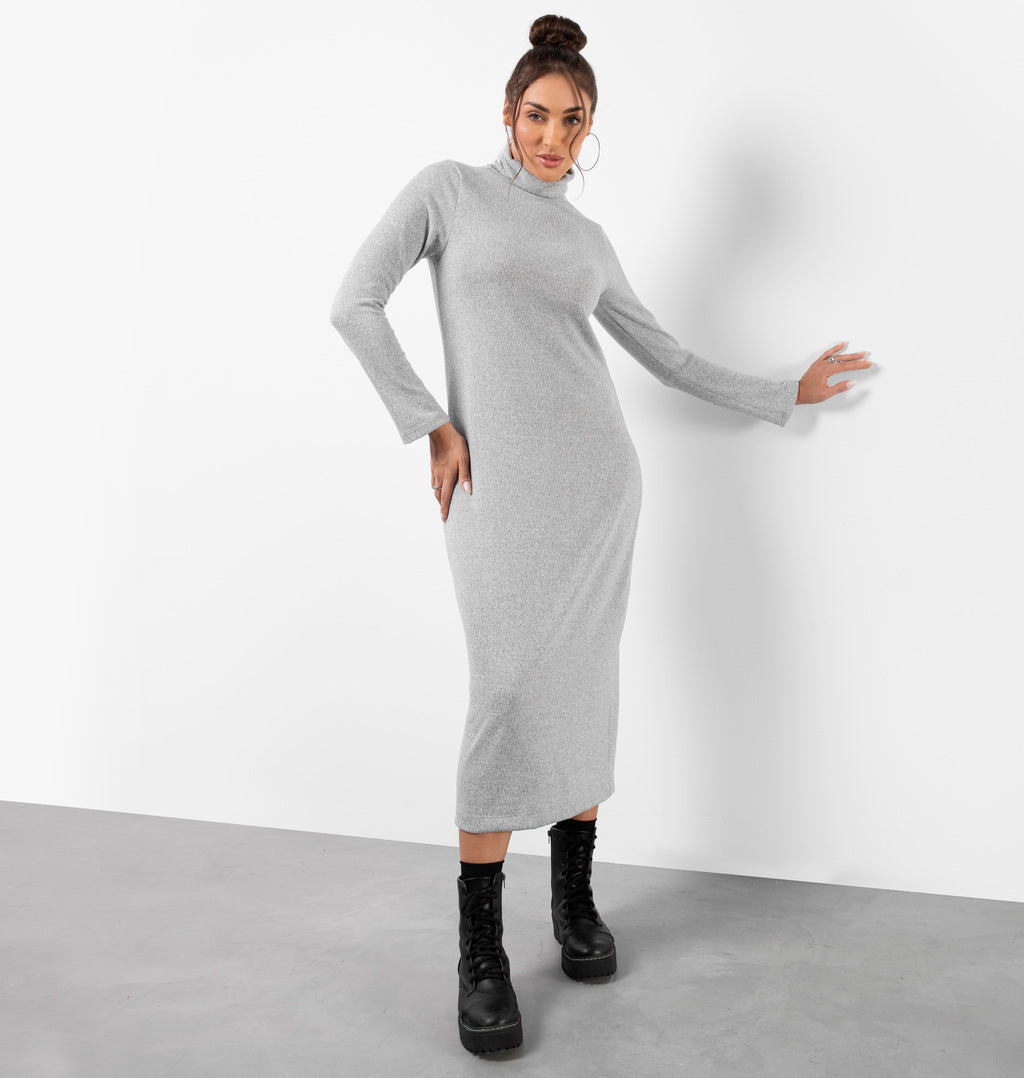 Vestido Midi Gola Rolê E Fenda