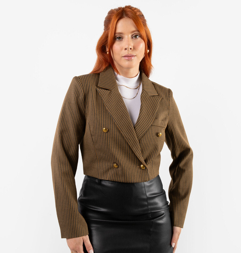 Blazer Cropped Listrado Em Tweed