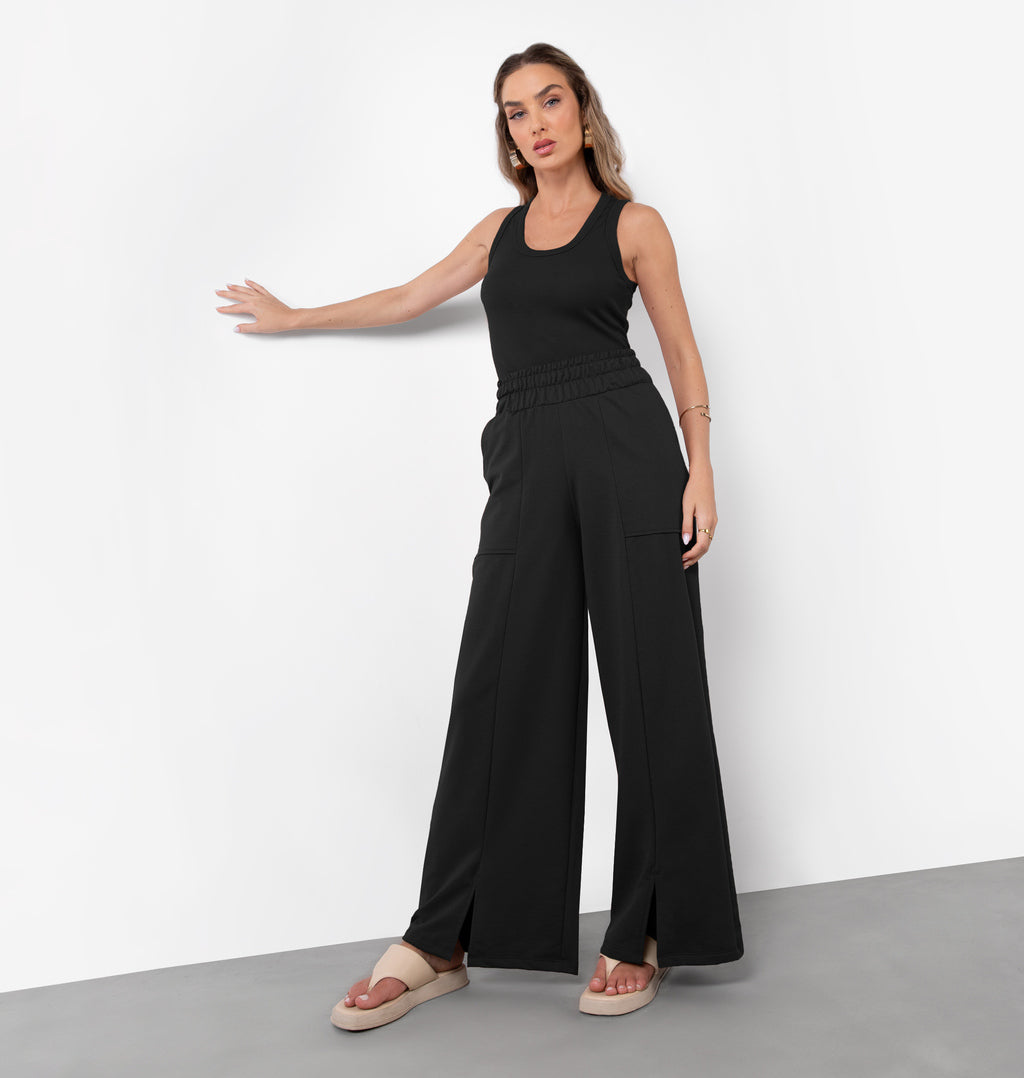 Calça Wide Leg Com Bolso