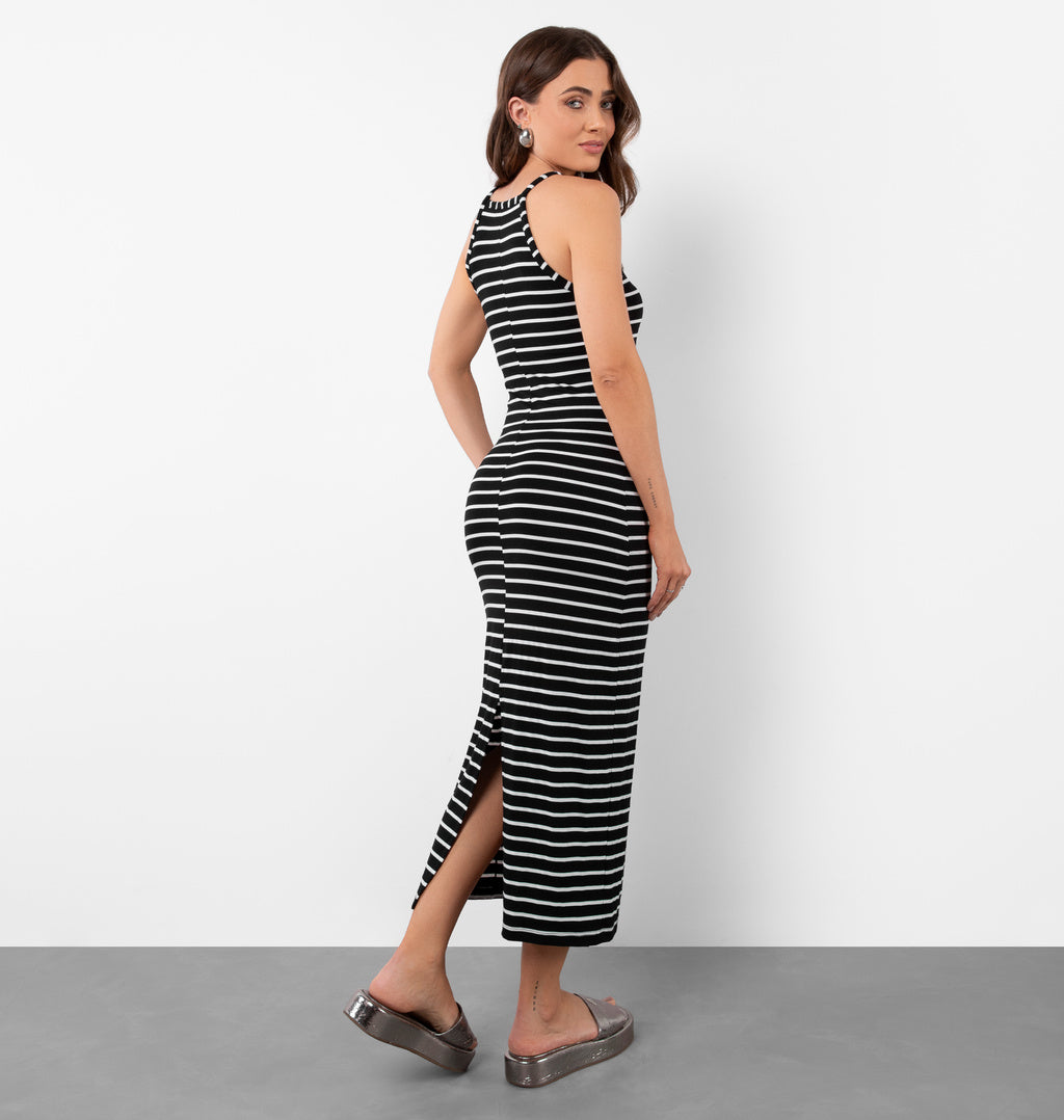 Vestido Longo Listrado Com Halter