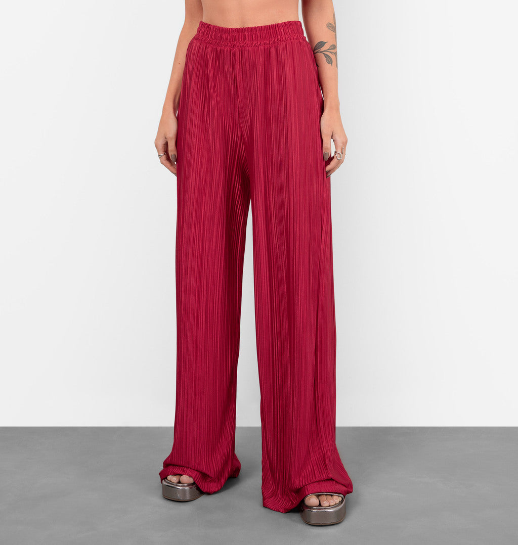 Calça Pantalona Em Malha Plissada
