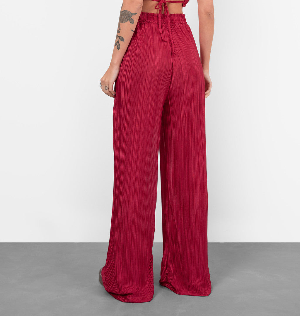 Calça Pantalona Em Malha Plissada
