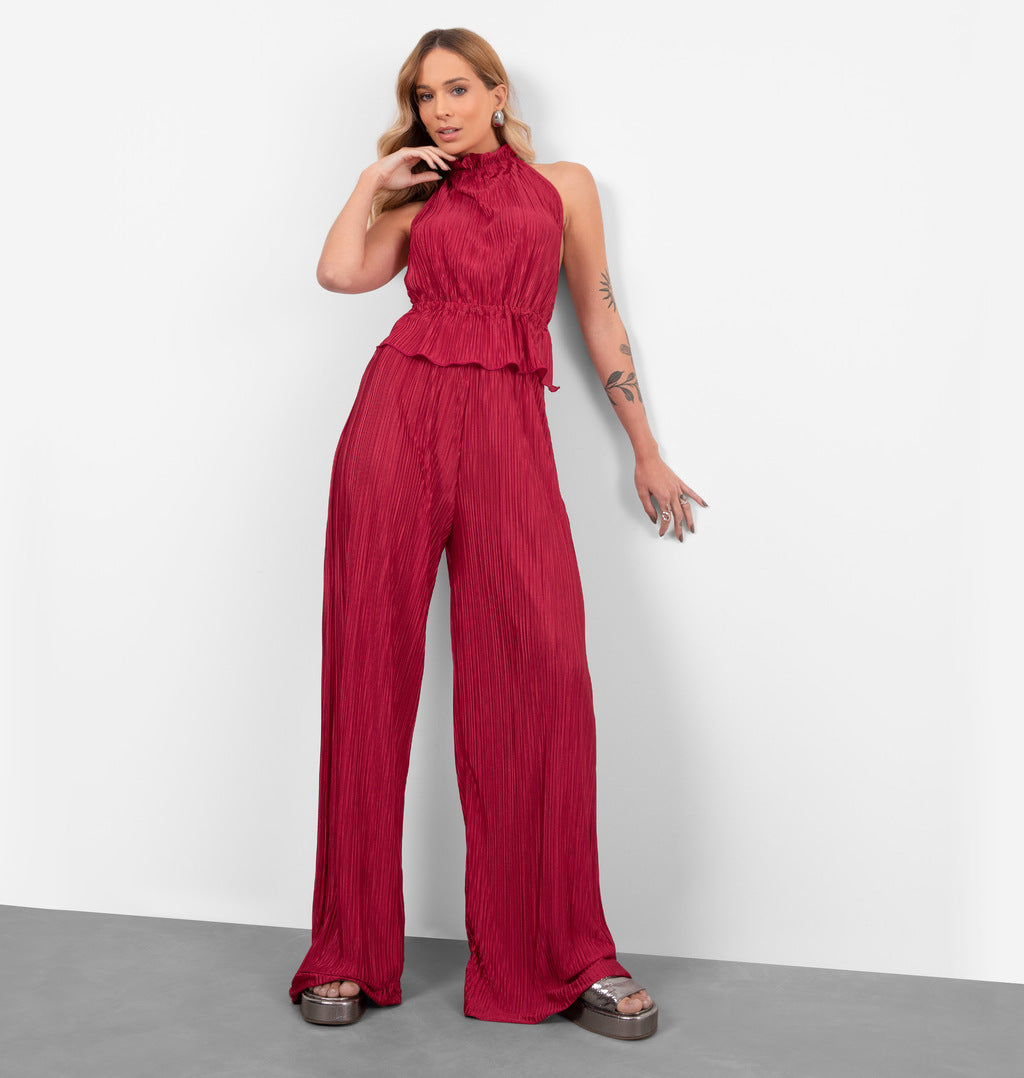 Calça Pantalona Em Malha Plissada