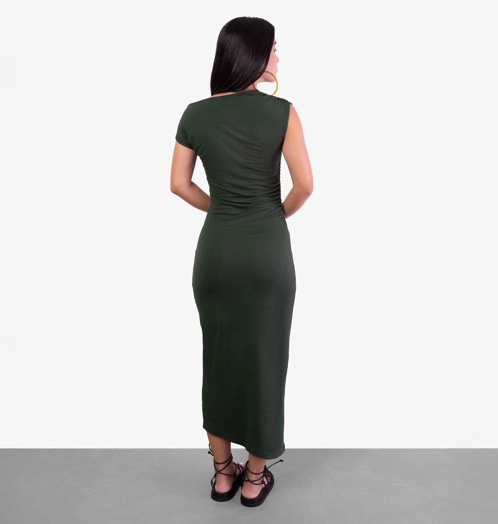Vestido Midi Com Ombro Franzido