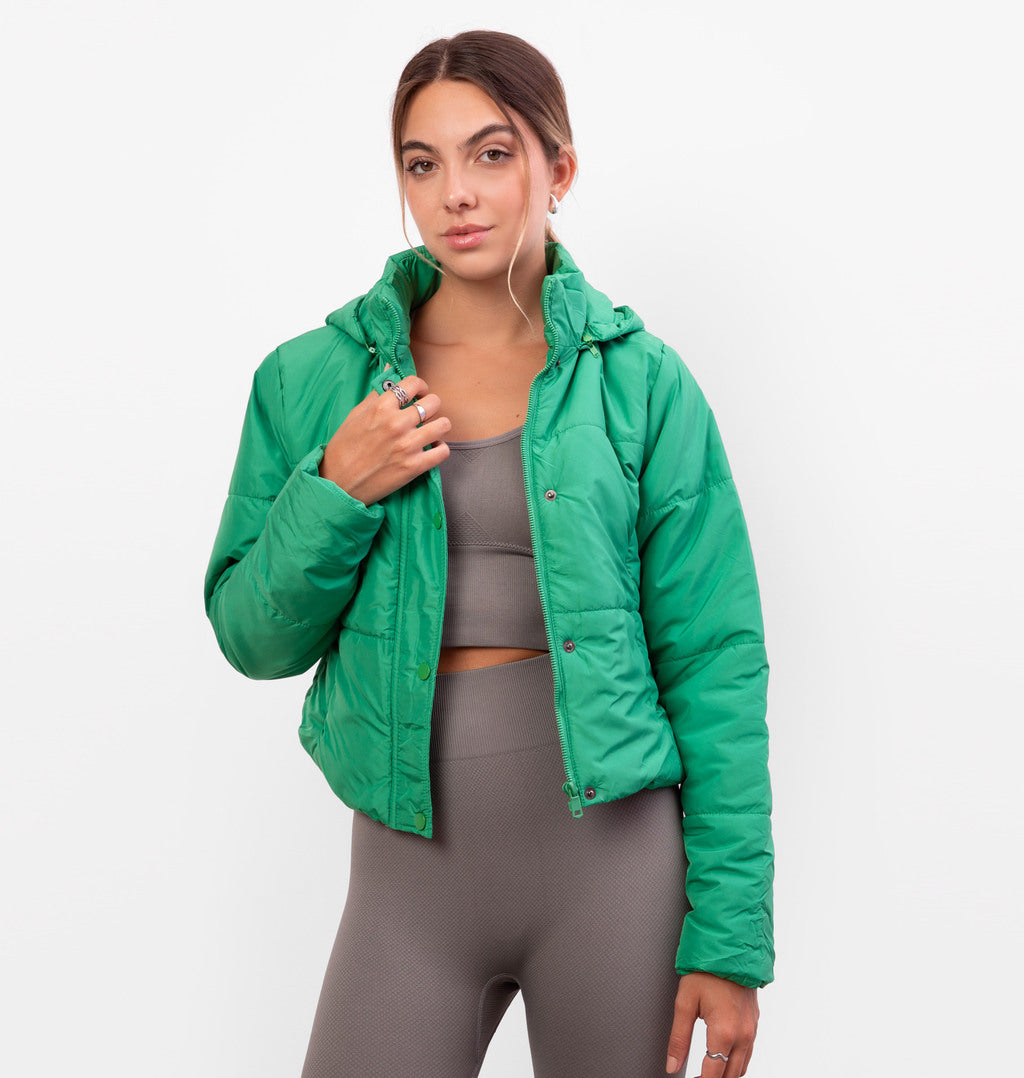 Jaqueta Puffer com Botões e Capuz