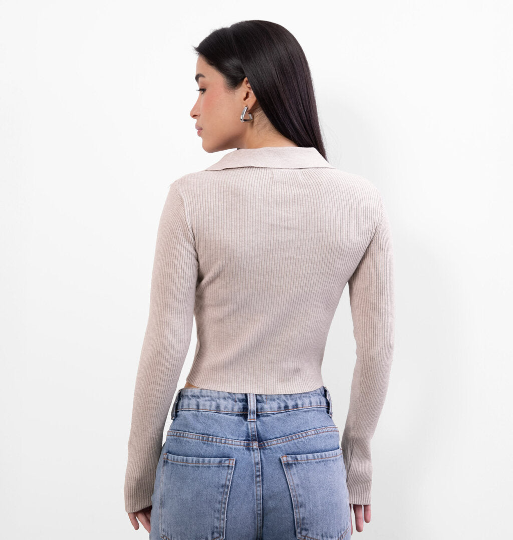 Cropped Manga Longa com Gola Polo