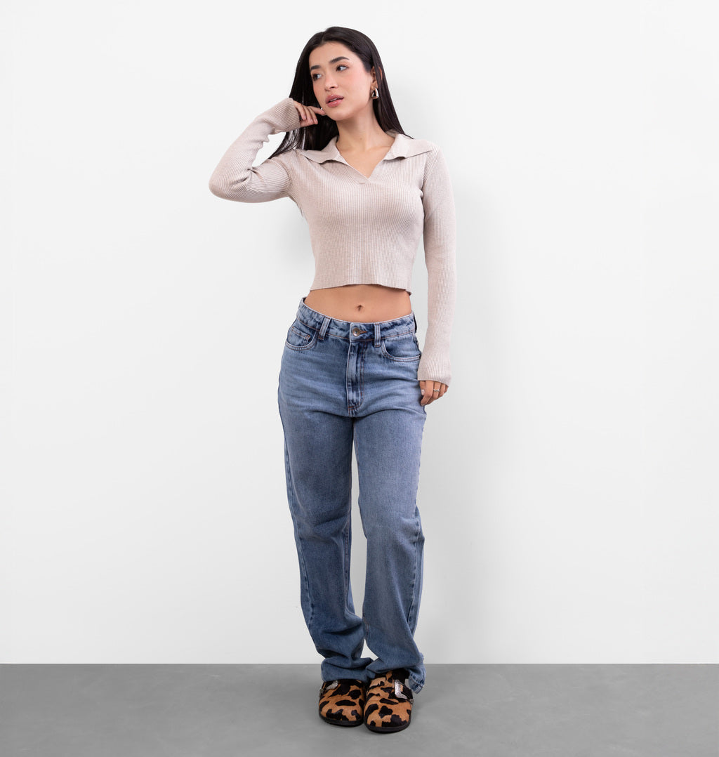 Cropped Manga Longa com Gola Polo