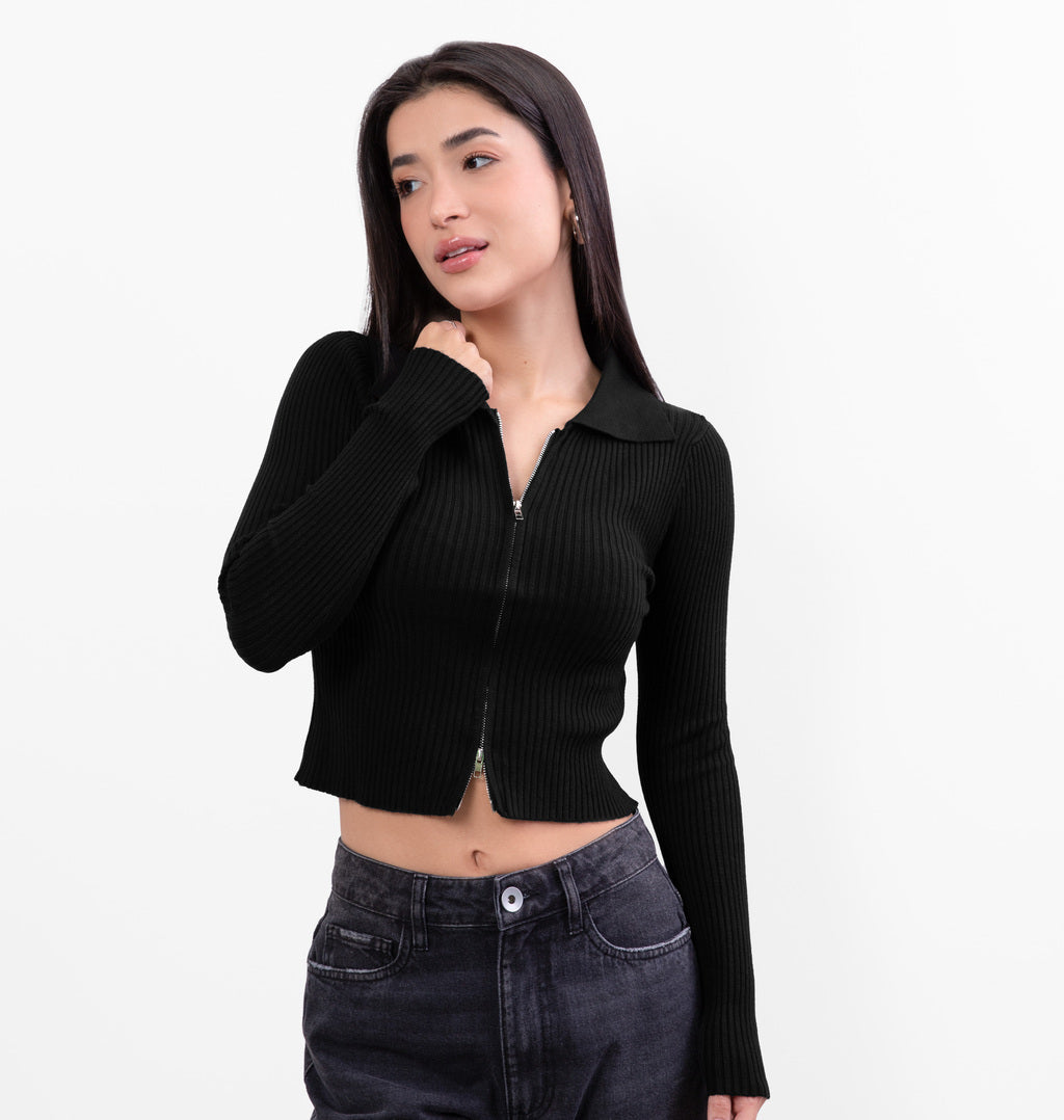 Cropped de Zíper com Gola Polo