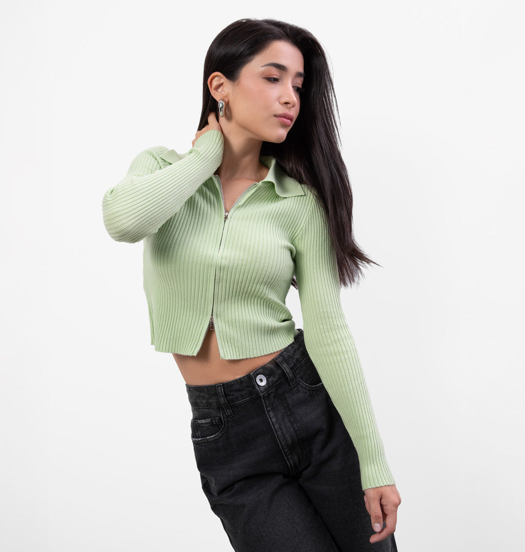 Cropped de Zíper com Gola Polo