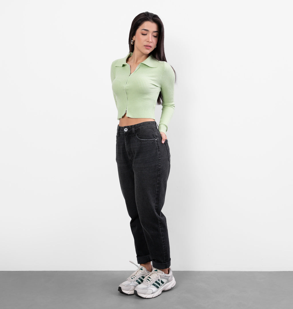 Cropped de Zíper com Gola Polo