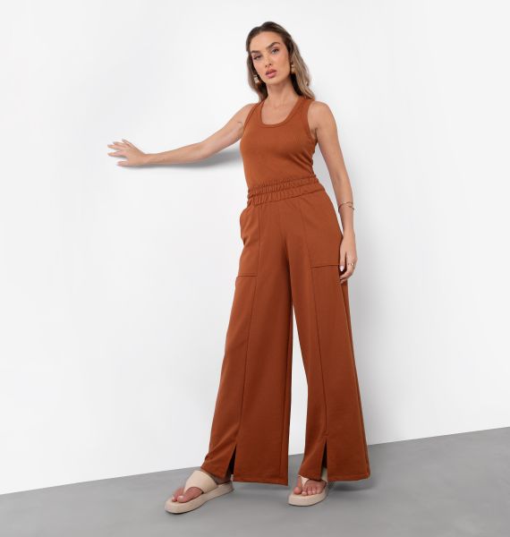 Calça Wide Leg Com Bolso