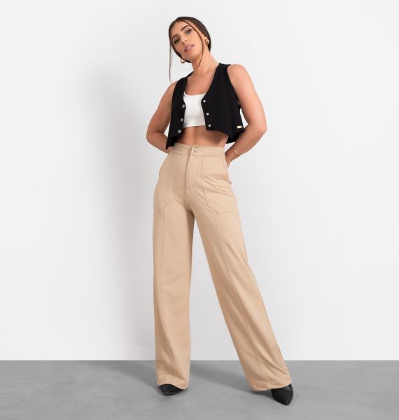 Calça Wide Leg Com Nervura